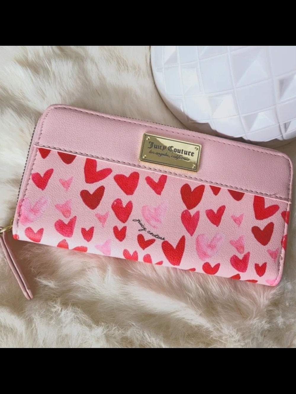 Juicy Couture Pink Zip-Around Wallet with Red & Light Pink Hearts